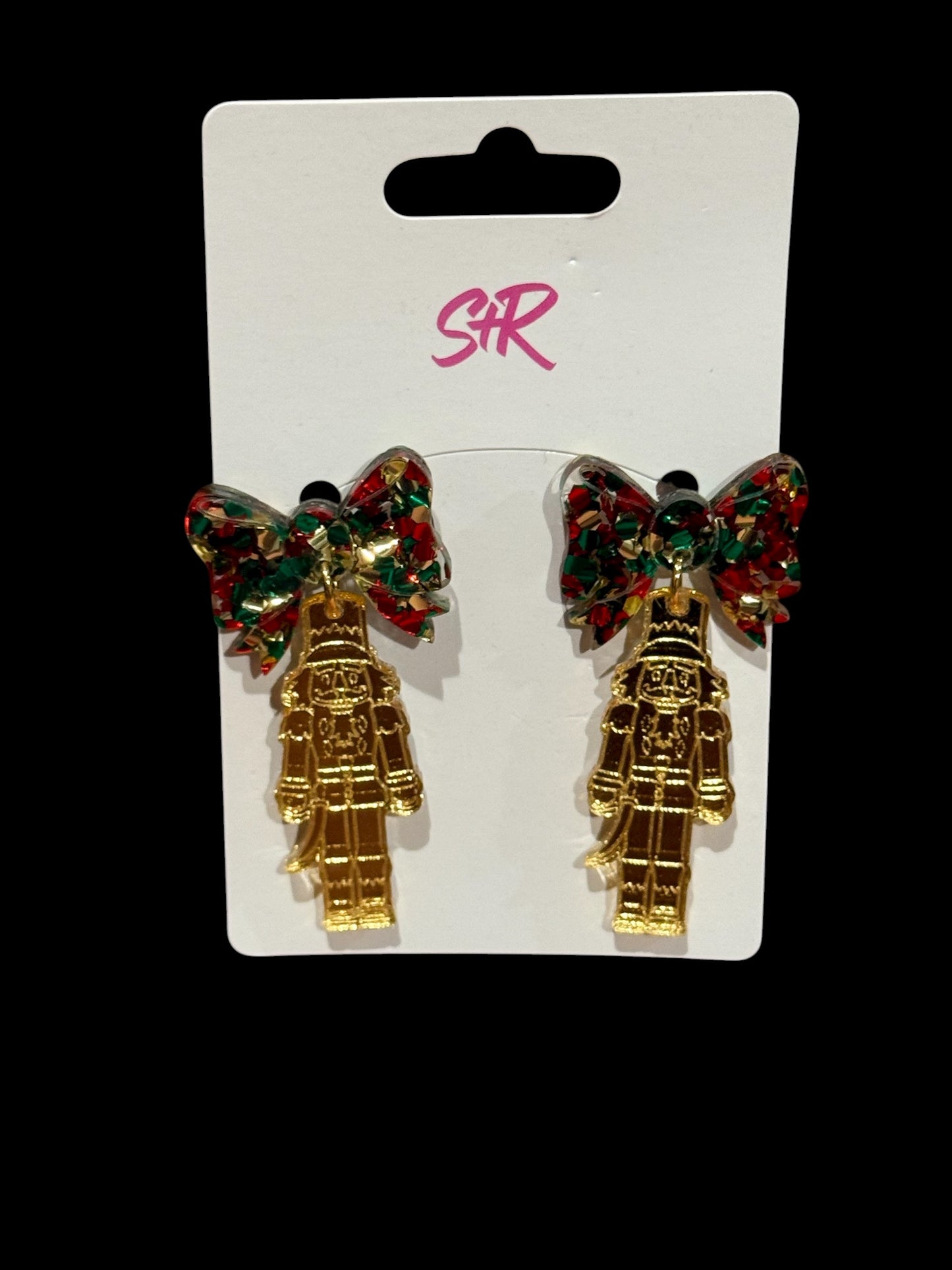 Christmas Cheer Bow Gold Nutcracker Dangle Earrings