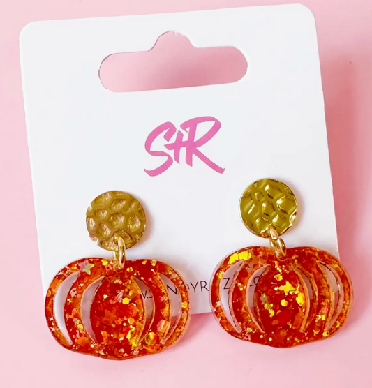 Orange Glitter Acrylic Pumpkin Dangle Earrings