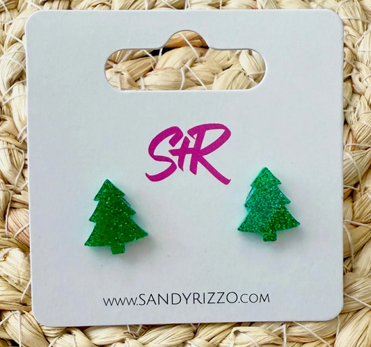 Glitter Green Christmas Tree Studs