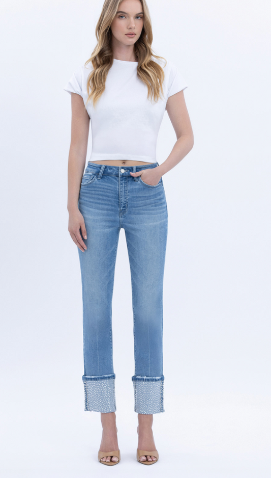 High Rise Crop Slim Straight Cuffed Stone Detail Jean