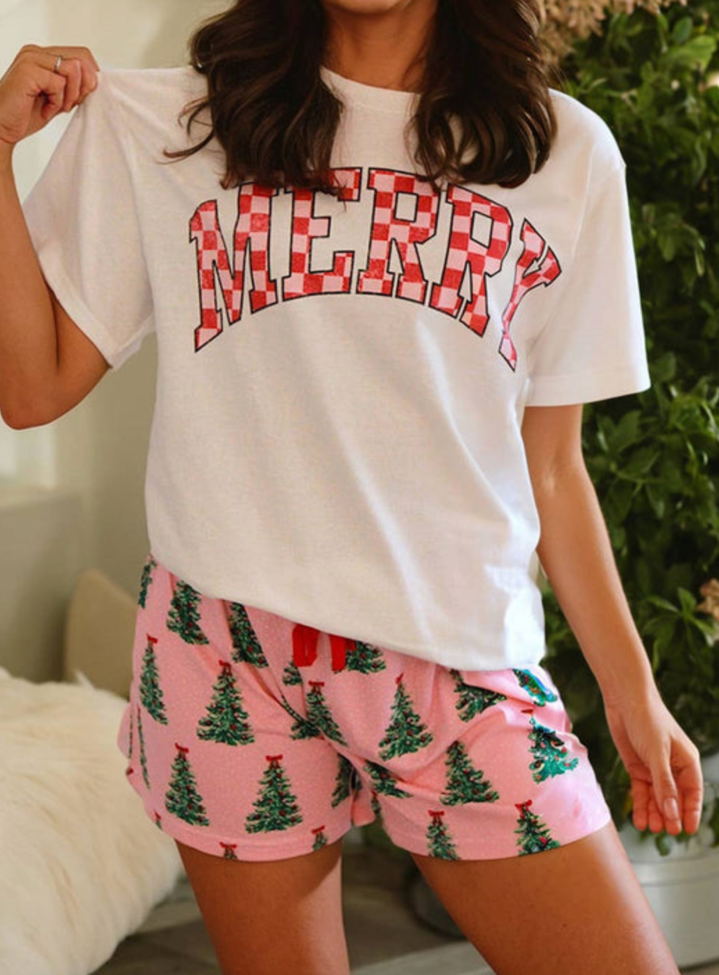 Merry Pink Christmas Tree Shorts Set