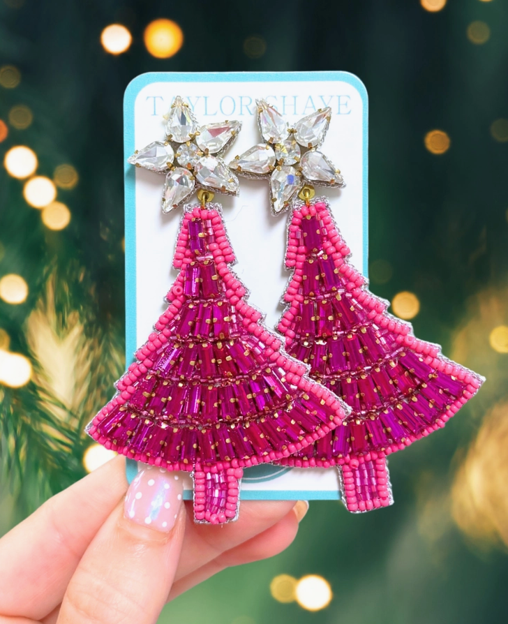 Hot Pink Crystal Christmas Tree Earrings