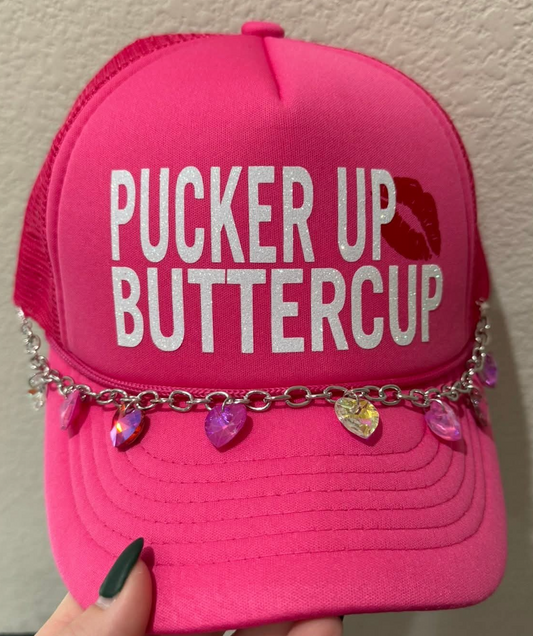 Pucker Up Buttercup Vinyl Pink Hat w/Chain