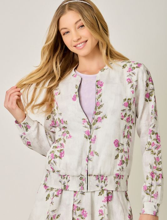Floral Linen Bomber Jacket