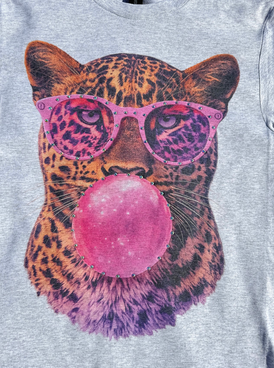 Bubble Gum Leopard Rhinestone T-Shirt - Ash Grey