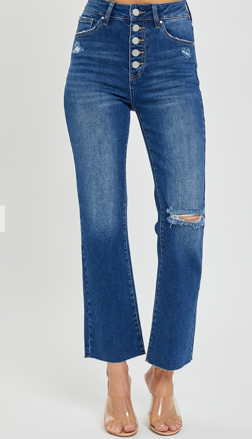 HIGH RISE CROP STRAIGHT BUTTON DOWN DISTRESSED JEANS