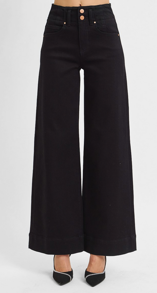 HIGH RISE ANKLE WIDE DOUBLE BUTTON DETAIL PANTS