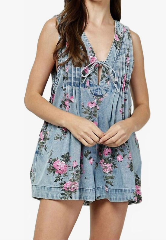 Painted Floral Pleated V-Neck Sleeveless Romper