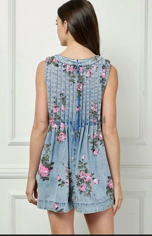 Painted Floral Pleated V-Neck Sleeveless Romper