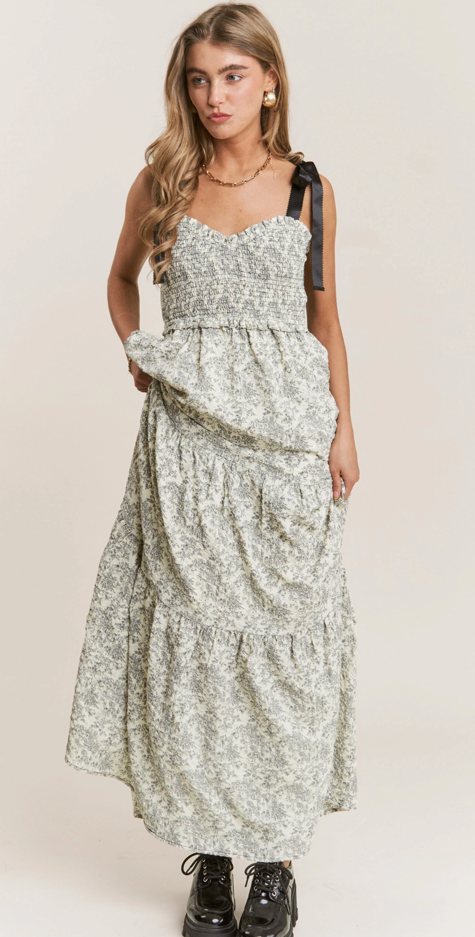 Floral Black Print Empire Neckline Maxi Dress