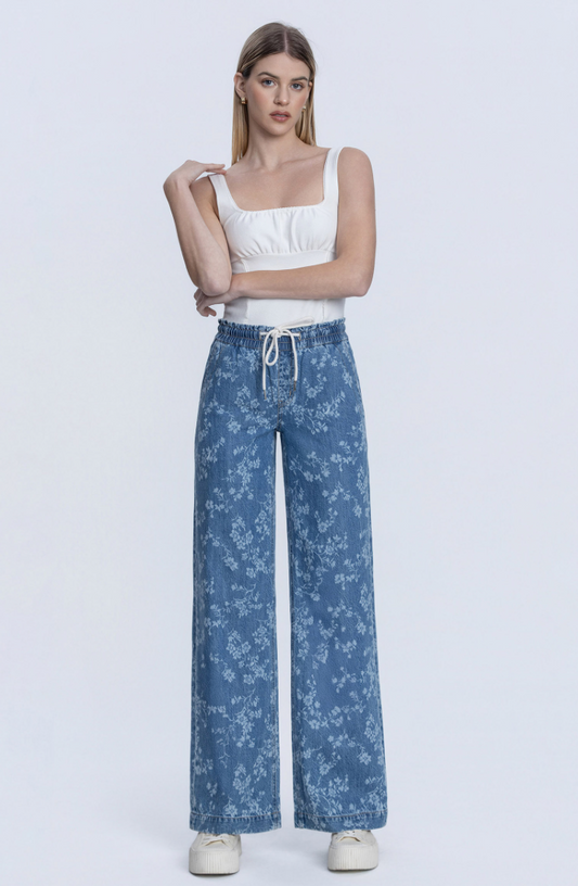 Super High Rise Drawstring Wide Leg w/Floral Print