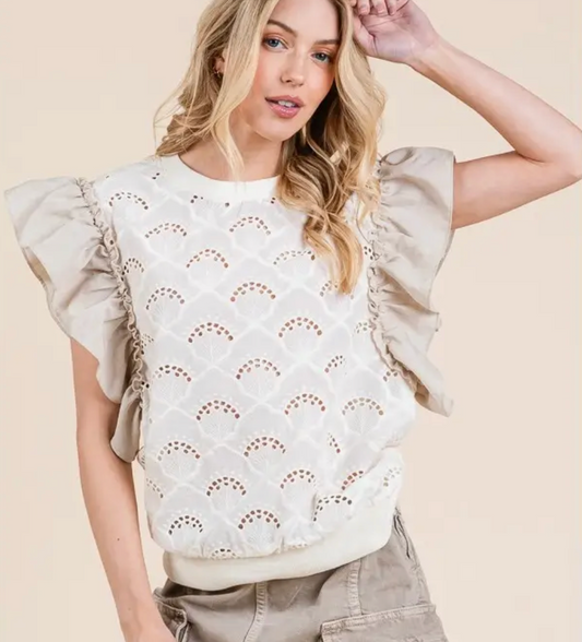 Ruffle Cap Sleeve Embroidered Eyelet Blouse