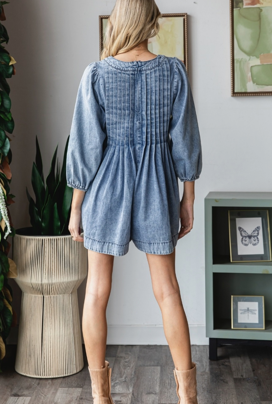 V-Neck Puff Sleeve Denim Romper