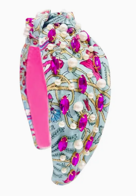 Floral Print Headband Rhinestone Pearl Blue Multi Flowers