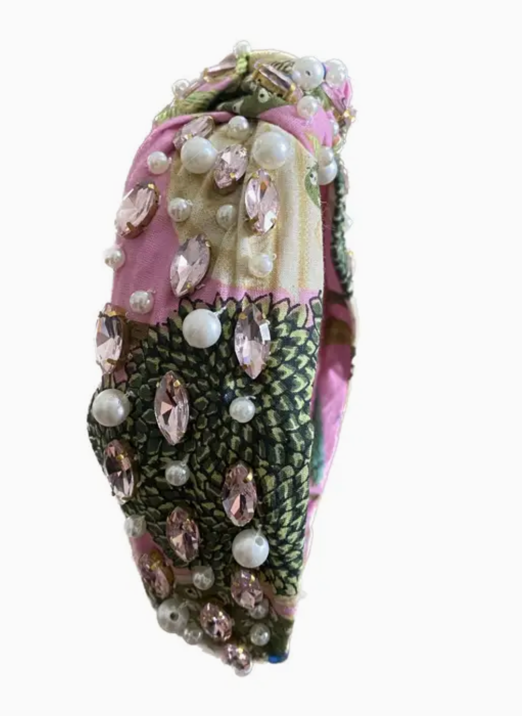 Floral Print Headband Rhinestone Pearl Pink Peacock