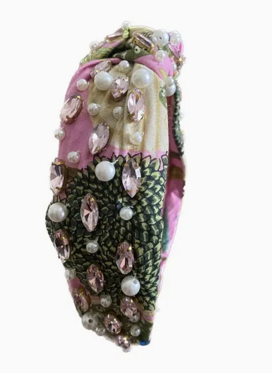 Floral Print Headband Rhinestone Pearl Pink Peacock