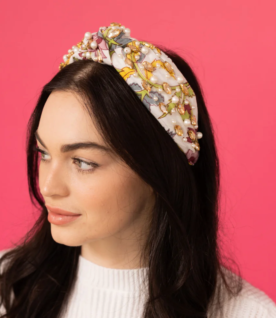 Floral Print Headband w/Pearl Multi Flowers