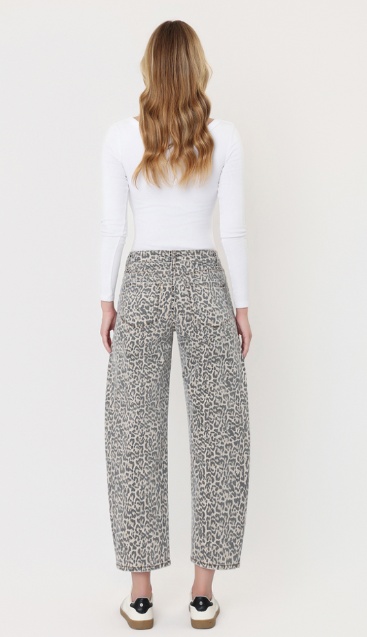 High Rise Leopard Print Utility Barrel Jeans