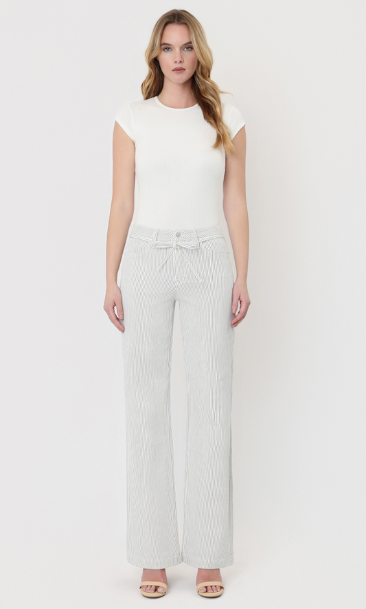 High Rise Waist Tie Striped Vintage Flare Jeans