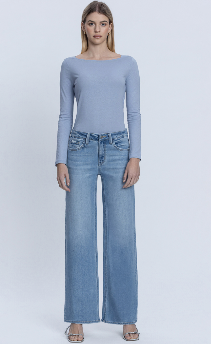 Mid Rise Medium Wash Wide Leg Jeans