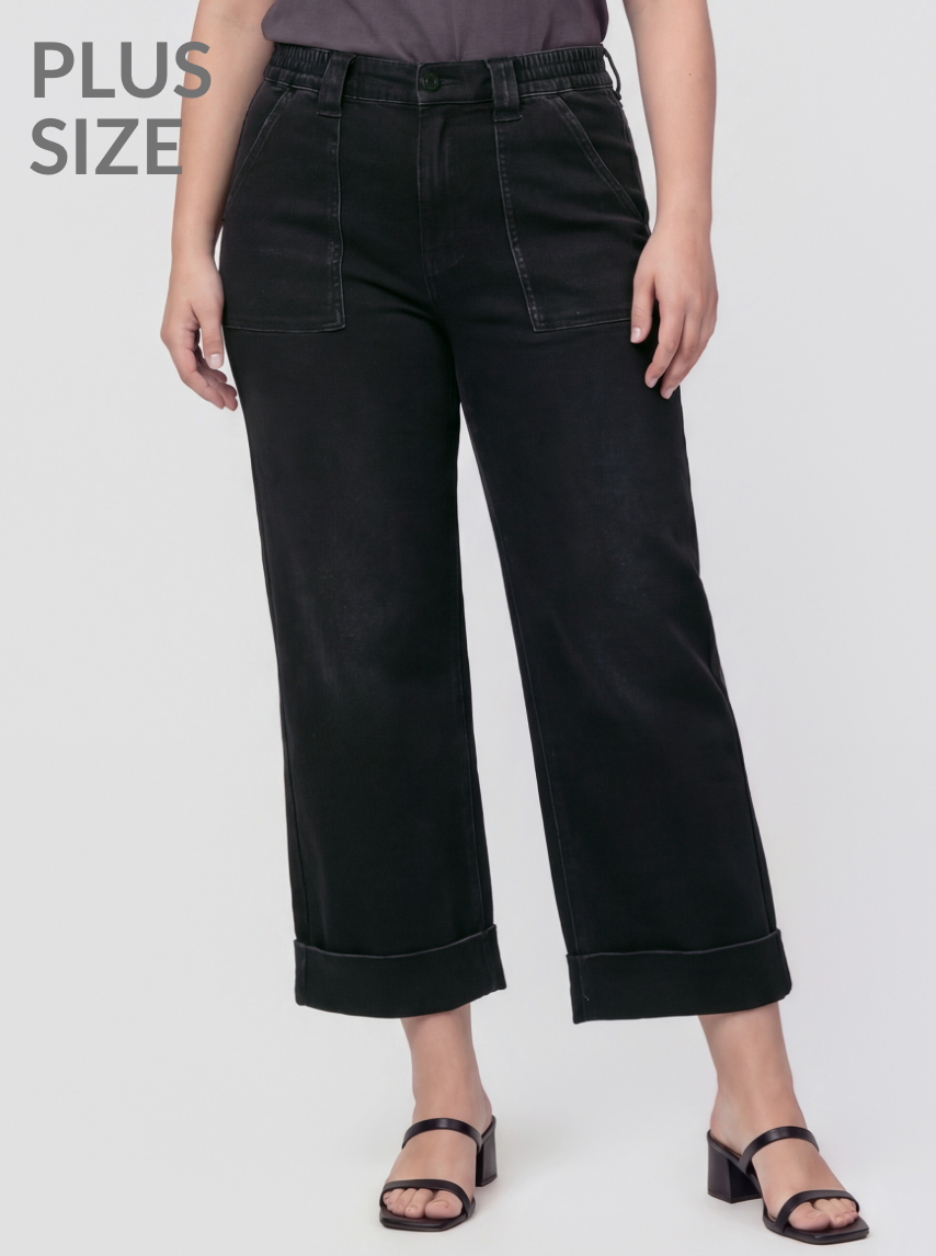 Plus Size High Rise Cuffed Baggy Wide Jeans