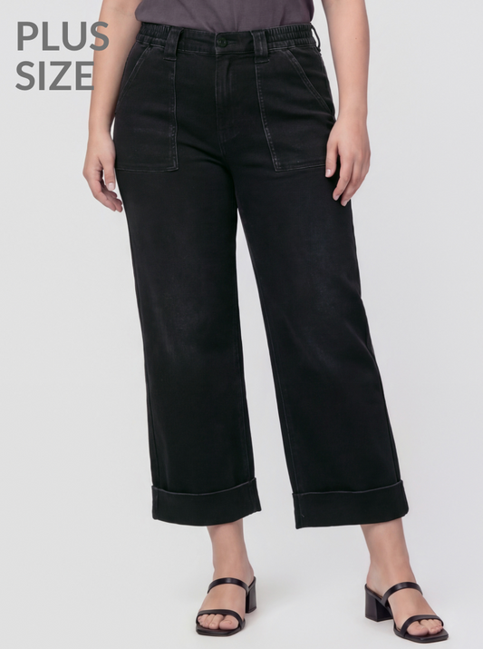 Plus Size High Rise Cuffed Baggy Wide Jeans