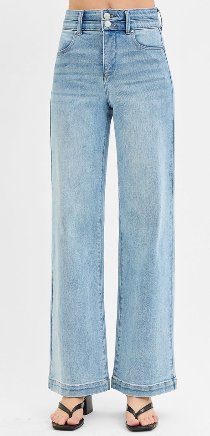 TUMMY CONTROL ELASTIC BAND HIGH RISE WIDE DOUBLE WAIST JEANS