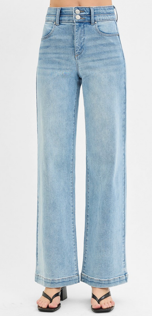 TUMMY CONTROL ELASTIC BAND HIGH RISE WIDE DOUBLE WAIST JEANS