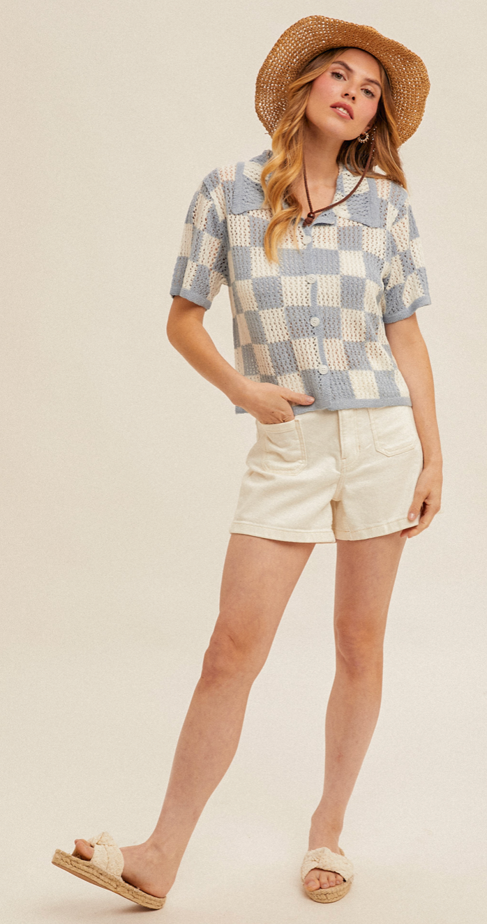 Short Sleeve Checkered Knit Button Up
