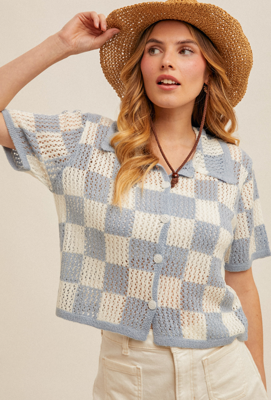 Short Sleeve Checkered Knit Button Up