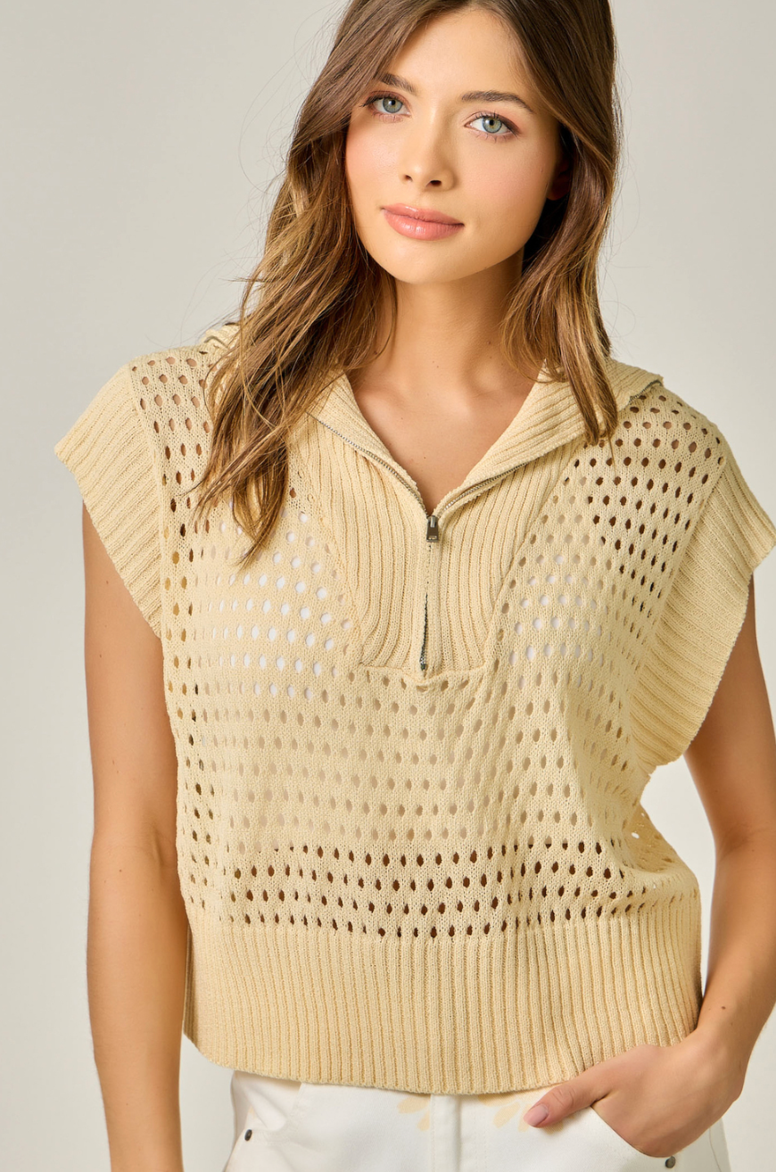 Fishnet Short Sleeve Zip Up Sweater