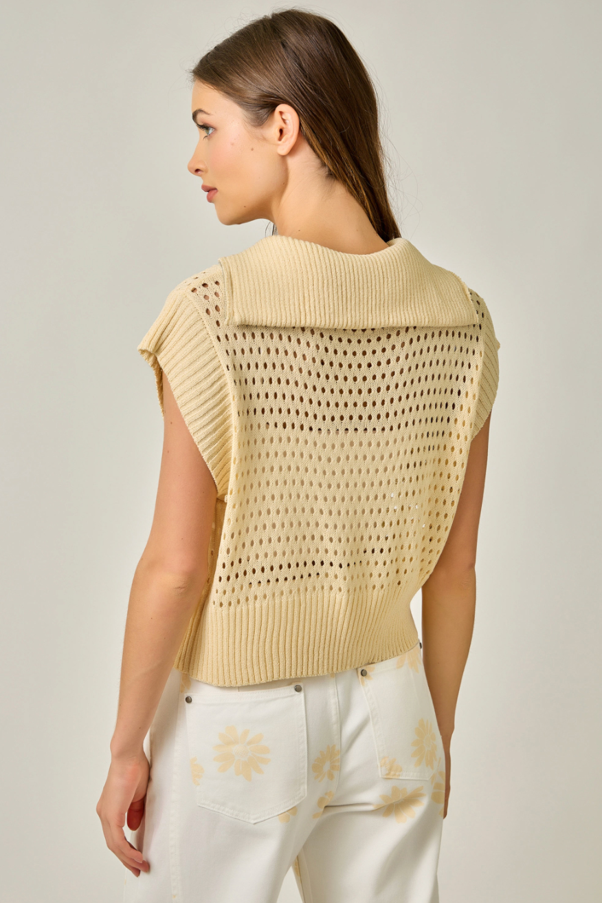 Fishnet Short Sleeve Zip Up Sweater