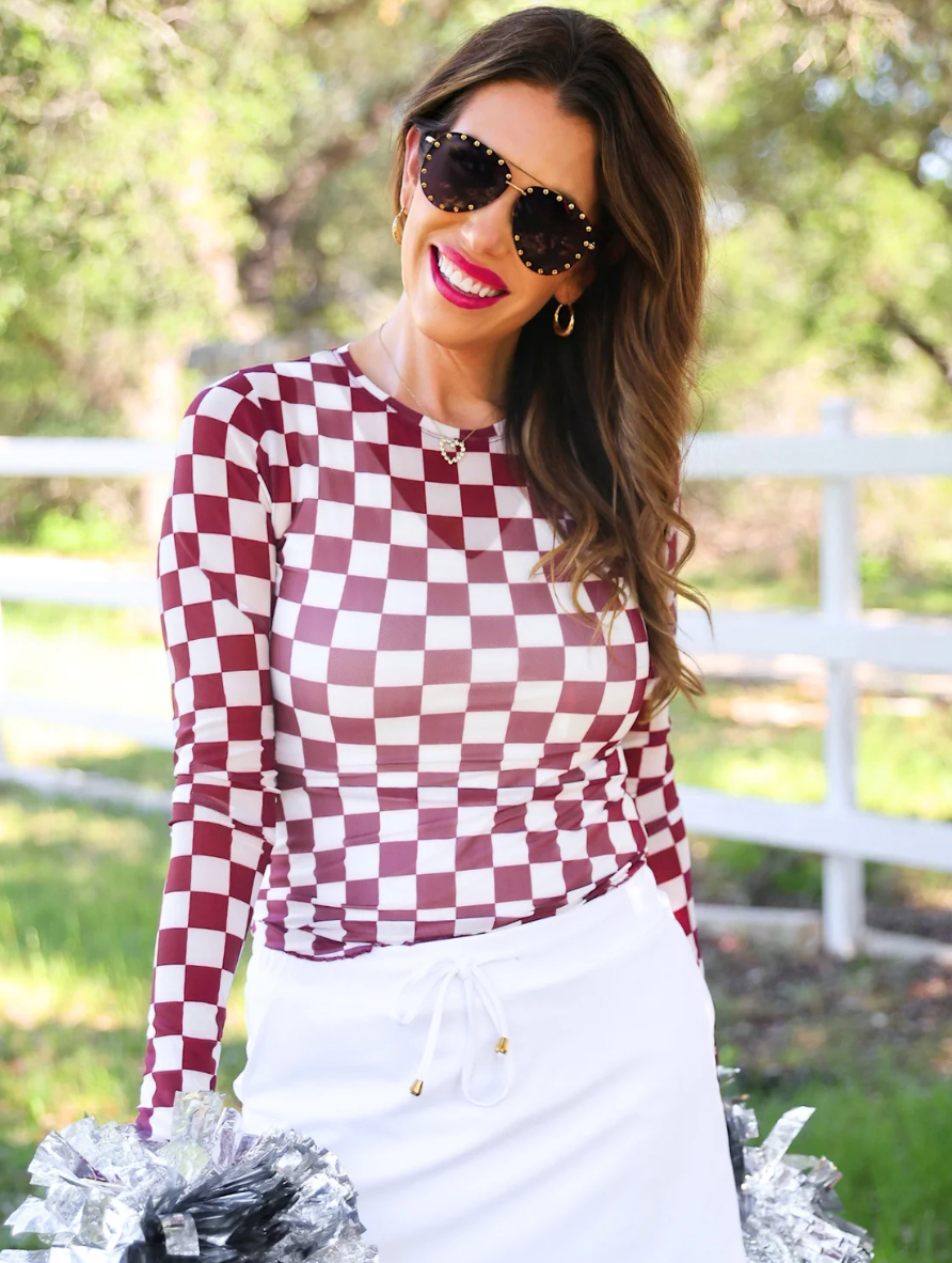 Alyssa Mesh Top - Maroon Checkered