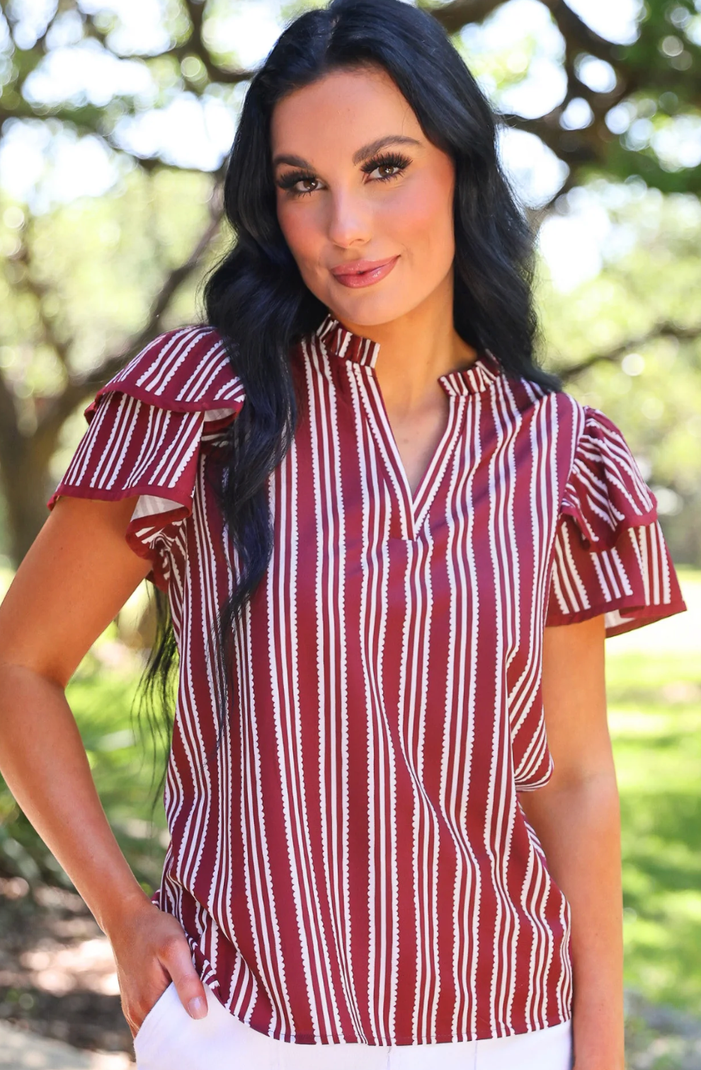 Layla Striped Flutter Sleeve Blouse - Maroon