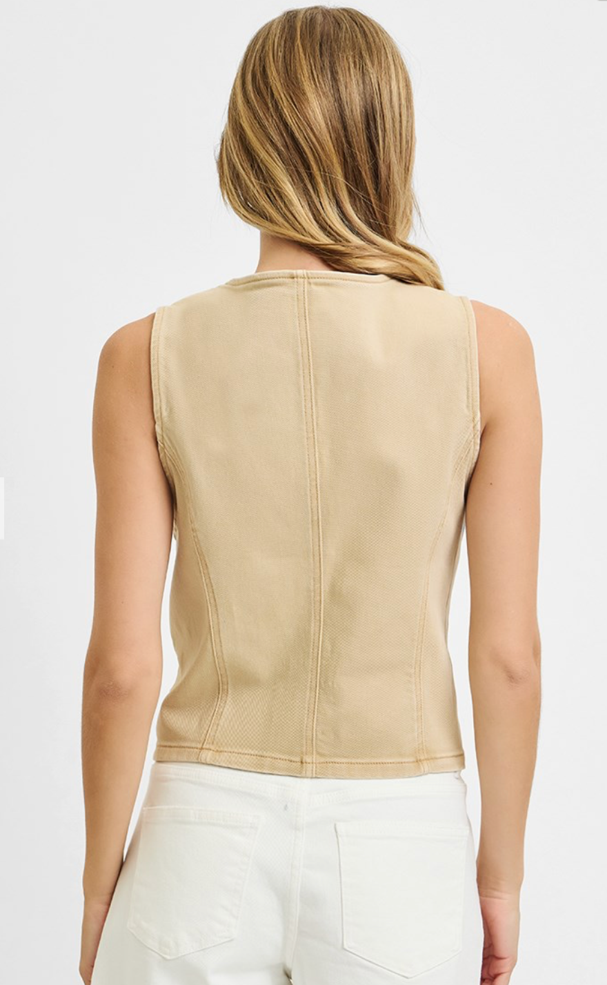 V-Neck Button Down Vest - Latte
