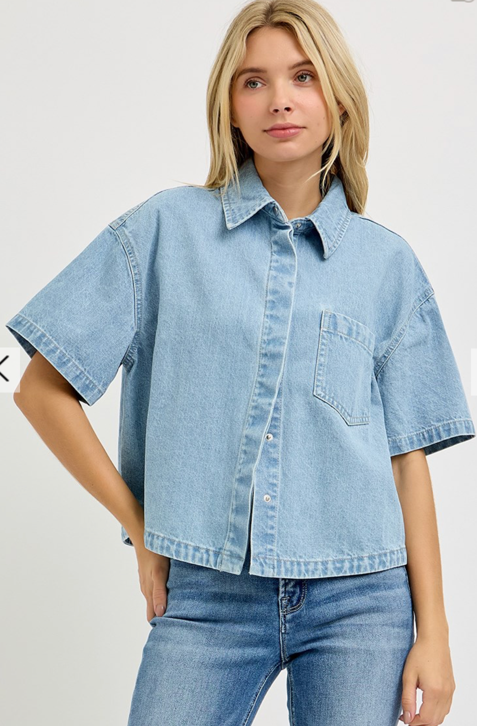 Oversized Half Sleeve Cropped Denim Shirt - Rigid