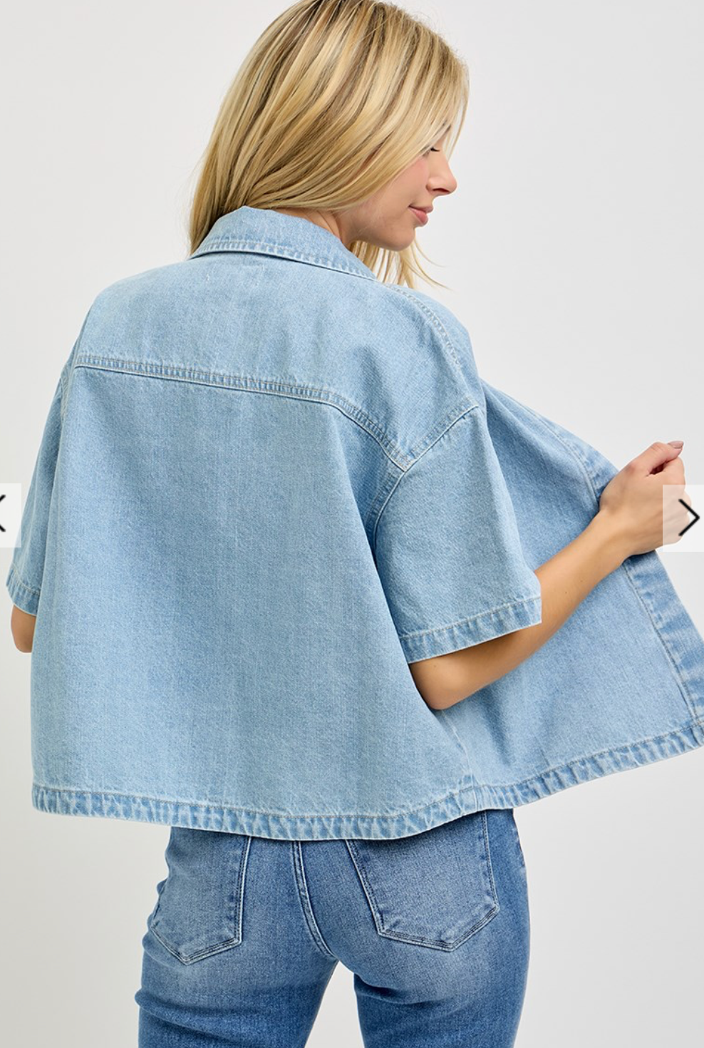 Oversized Half Sleeve Cropped Denim Shirt - Rigid