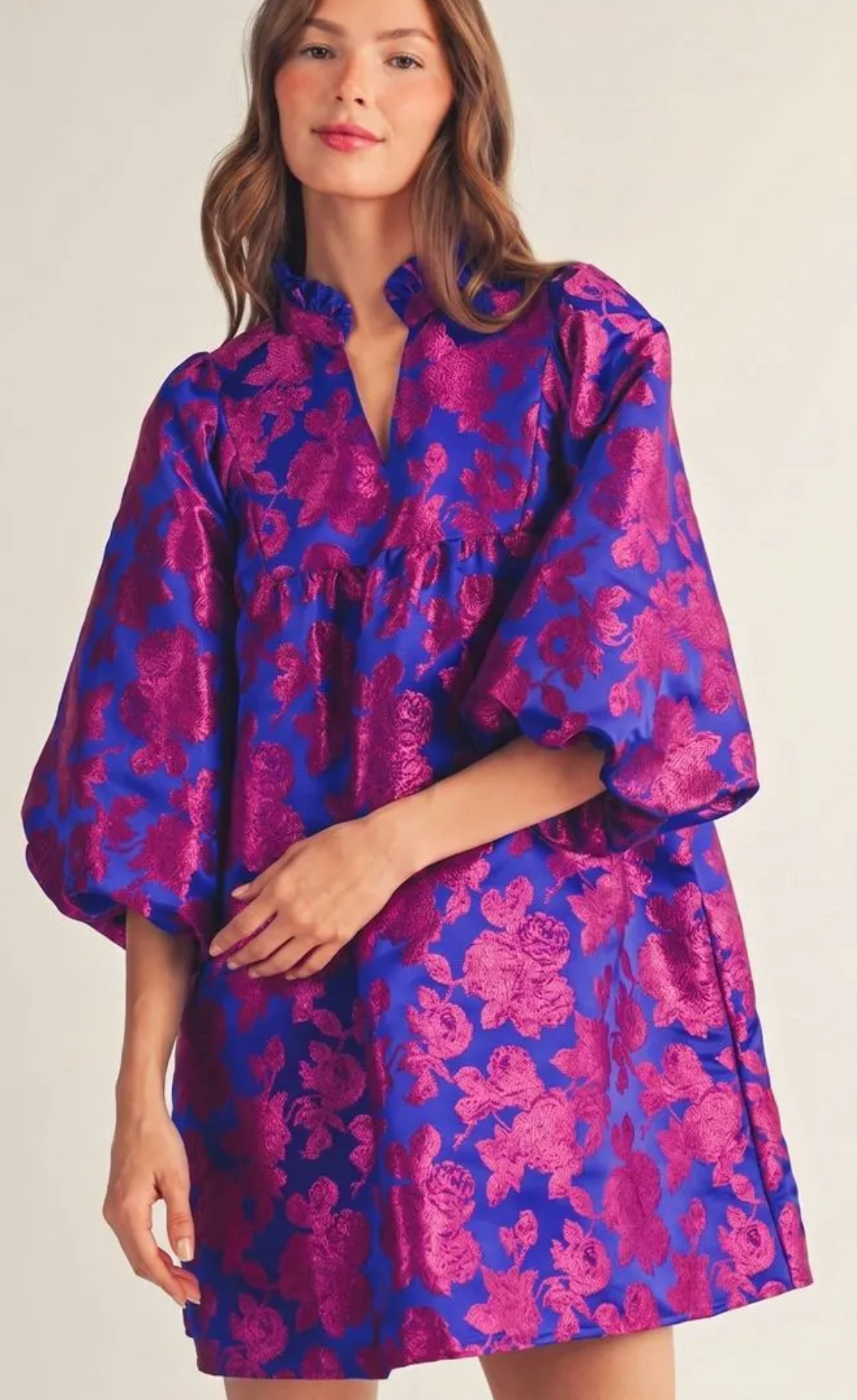 3/4 Puff Sleeves Floral Jacquard Babydoll Dress