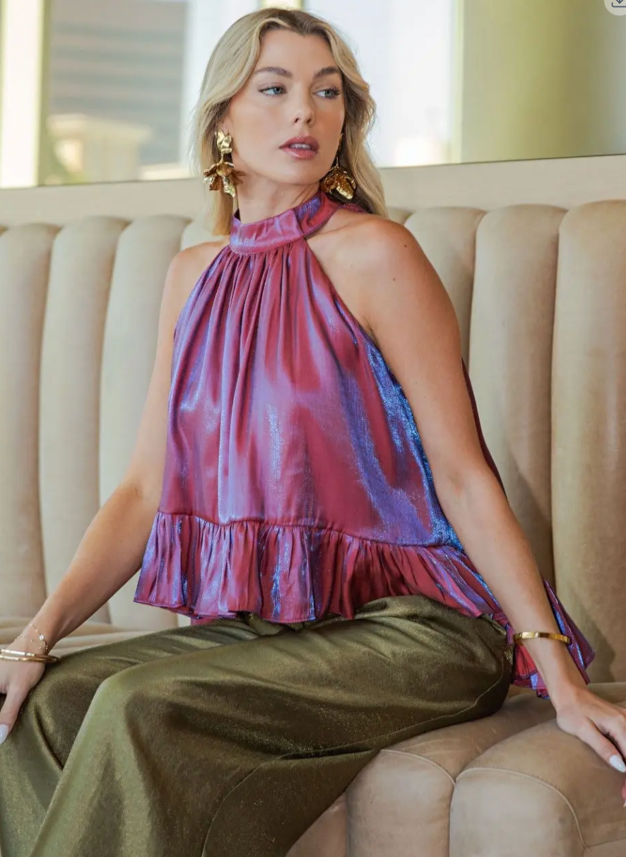 Ruffle Halter Top with Bow Neck Tie Rust