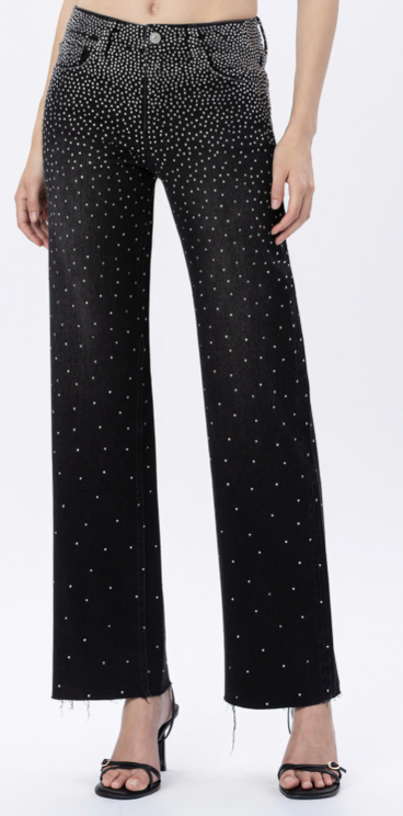 PROWESS HIGH RISE RAW HEM RHINESTONE SLIM WIDE JEANS