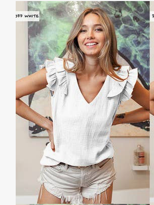 Ruffle Edged Wrinkle Gauze V-Neck Top