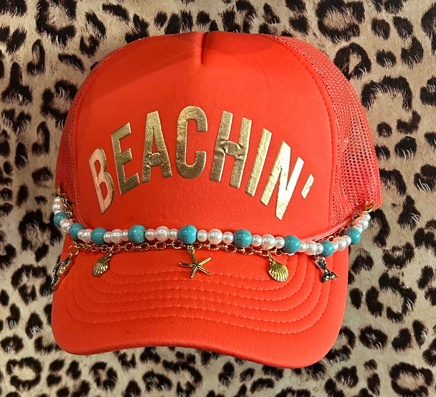 Coral Beachin' Trucker Hat w/Hat Chain