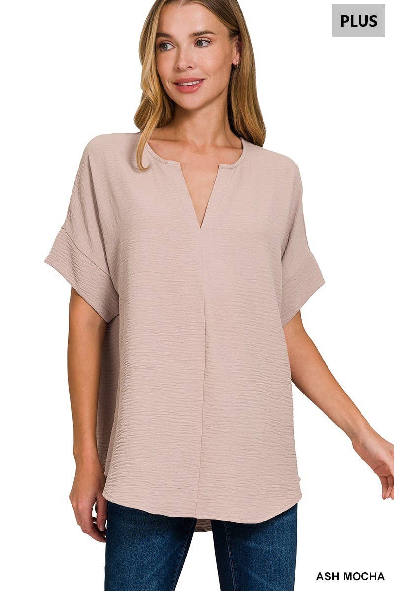 Woven Airflow Split Neck Short Sleeve Top