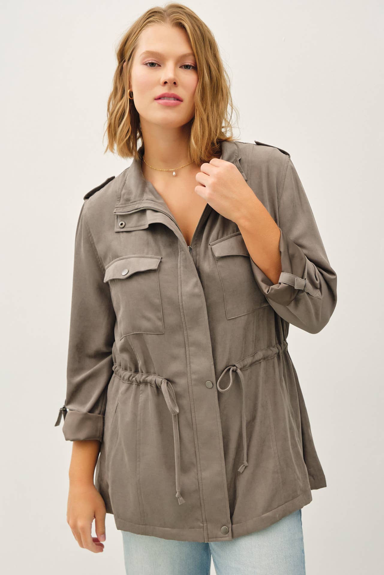 PLUS SIZE CINCHED WAIST CARGO UTILITY JACKET