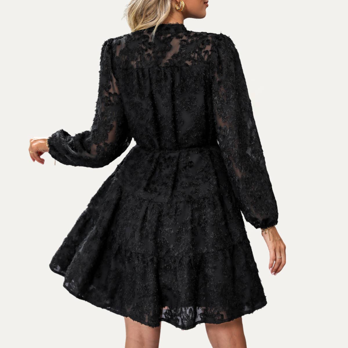 Black Fringe Jacquard Button-Up Tiered Mini Dress