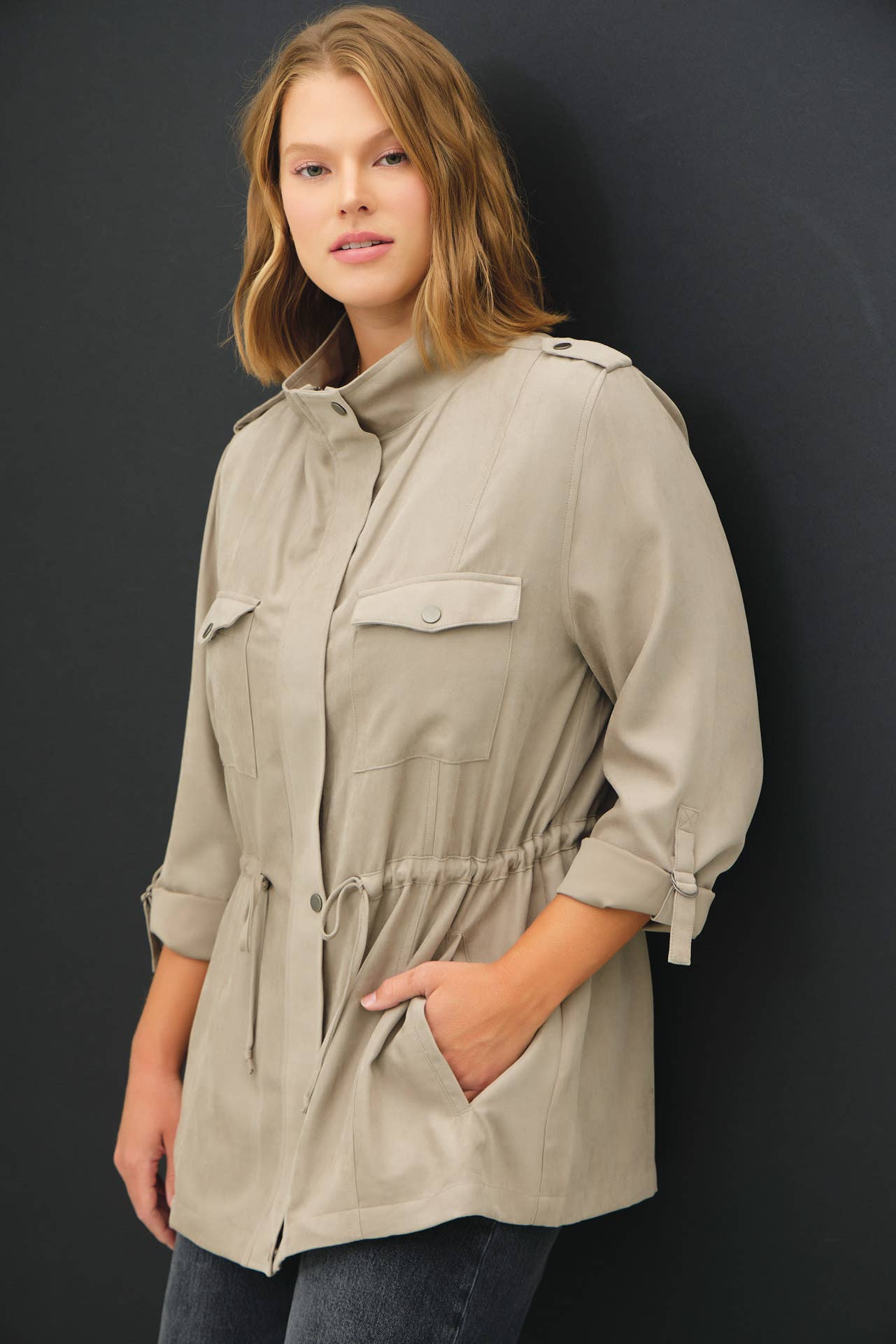 PLUS SIZE CINCHED WAIST CARGO UTILITY JACKET
