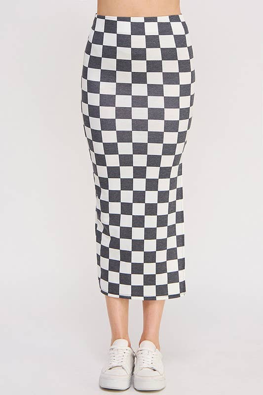 HIGH-WAIST CHECKERED MIDI PENCIL SKIRT w/ SIDE SLIT