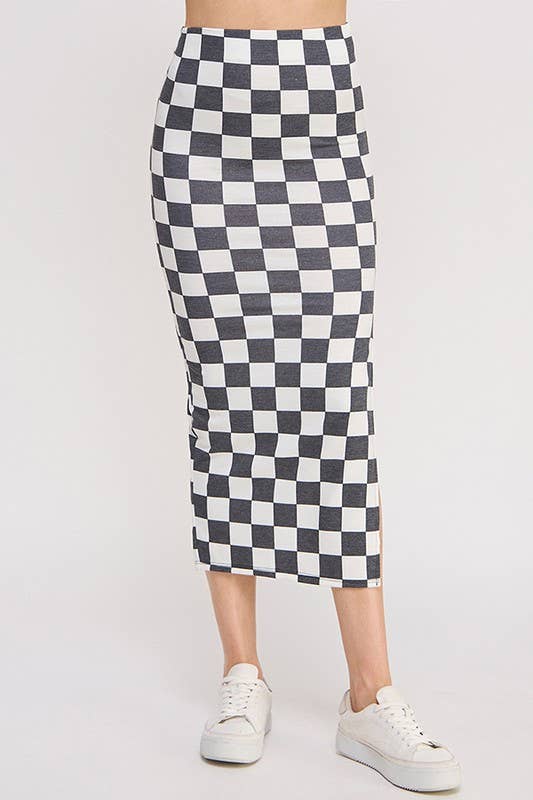 HI-WAIST CHECKERED MIDI PENCIL SKIRT w/ SIDE SLIT