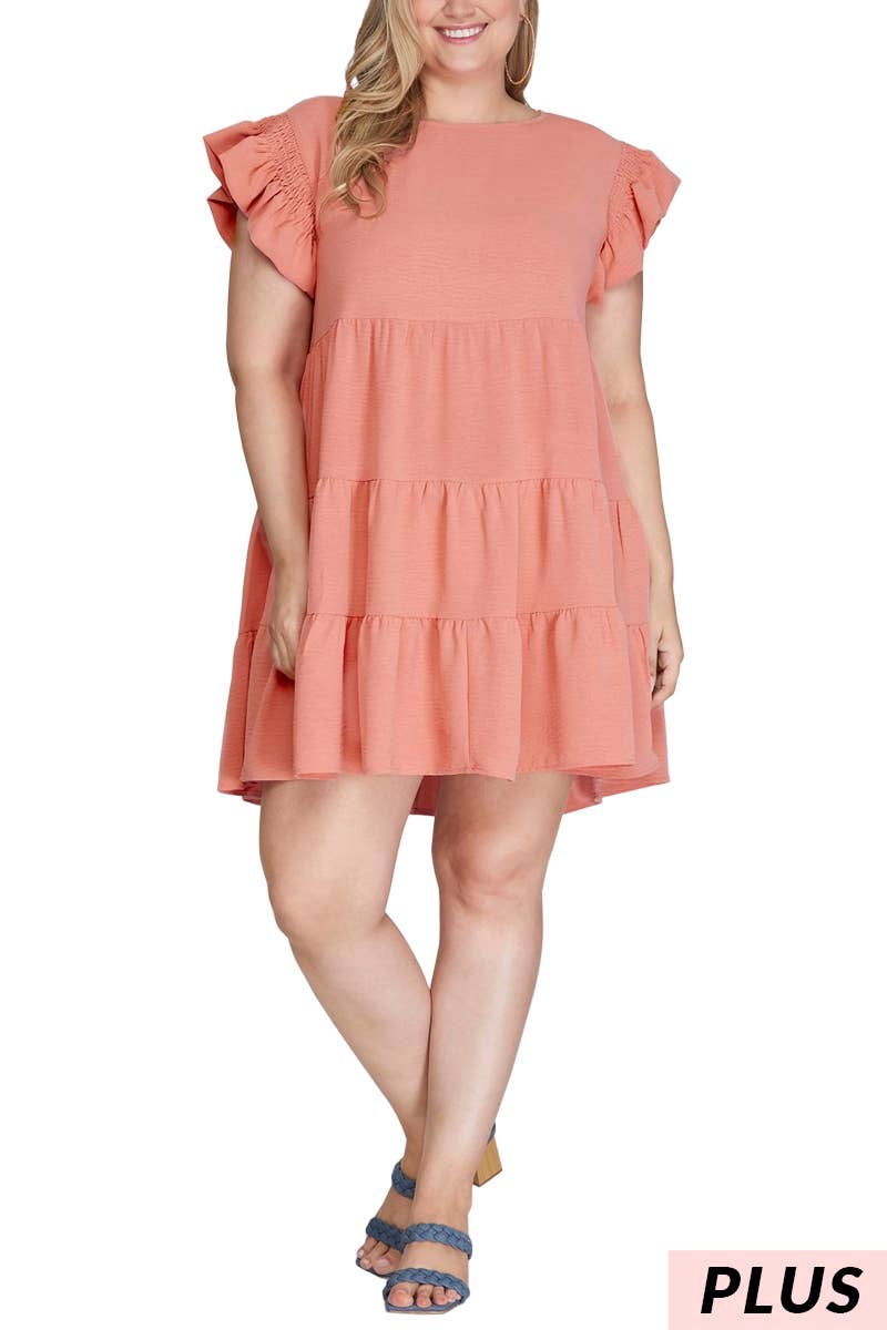 Plus Ruffled Smocked Sleeve Tiered Woven Dress - Peach Rose
