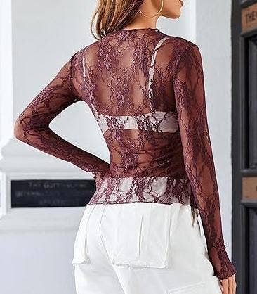 Long-Sleeve Sheer Lace Floral Mesh Top